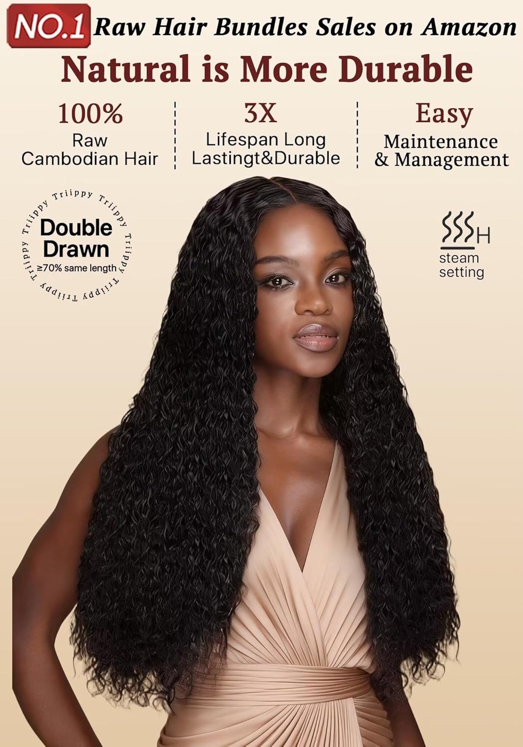 TRIIPPY Raw Sea Wavy Bundles Human Hair,100% Cambodian Raw Hair Sew in Weave Double Drawn 3 Bundles,3X Lasting And Durable Over Virgin Hair Bundles,No.1 Raw Hair Brand On Amazon(22 22 22 Inches)