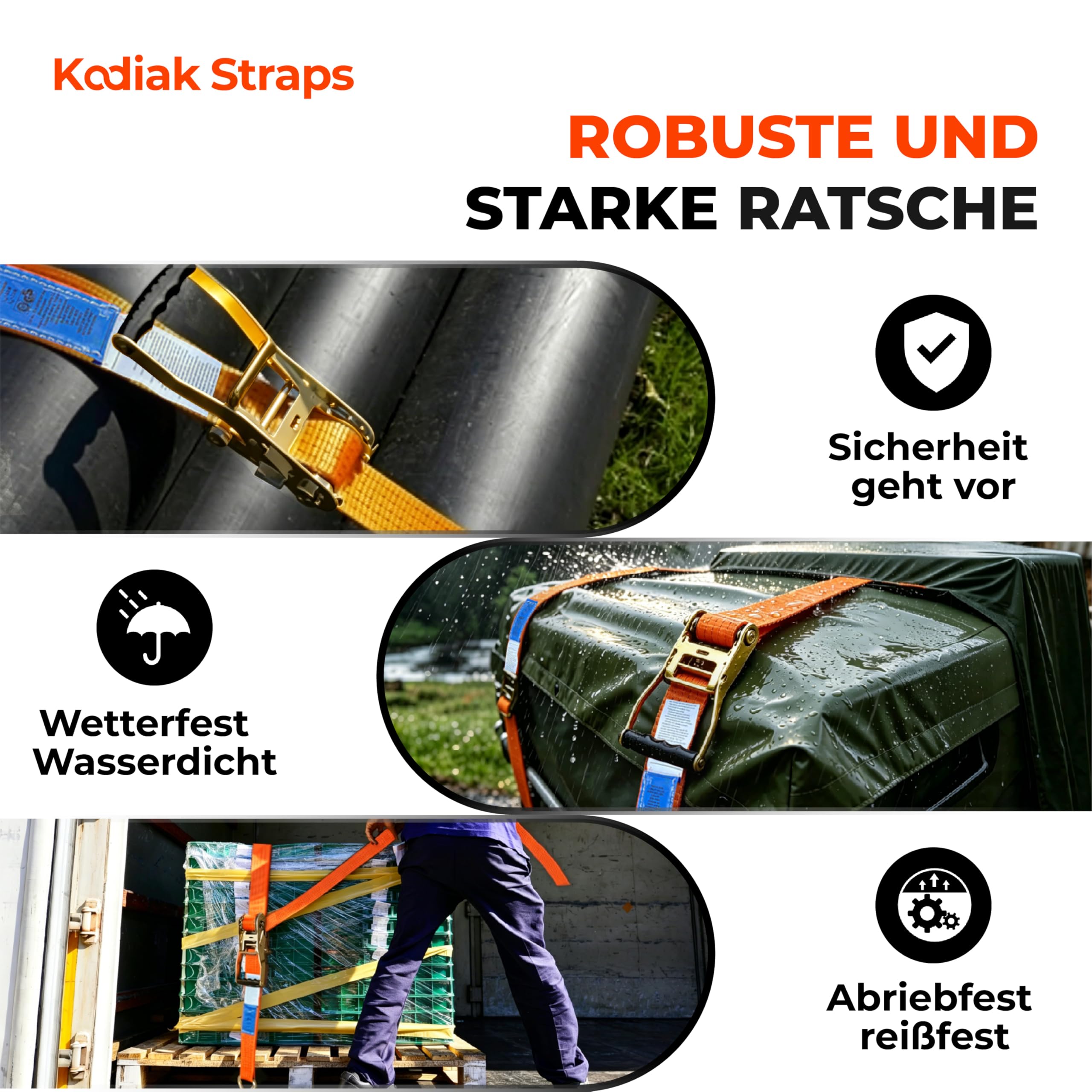 4 Stück Spanngurte 8m x 4000kg mit Ratsche und Haken - 50mm Zurrgurte mit Ratsche - Orange Ratschengurt für Ladungssicherung - TÜV/GS geprüft nach DIN EN 12195-2 - KODIAK STRAPS