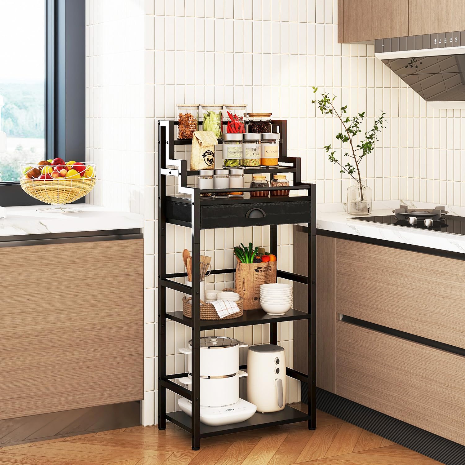 IBUYKE Stufen Weinregal, Freistehend, Weinschrank mit Schublade und Ausstellungsregal für Whisky, Trapezförmiges Flaschenhalter für Bar, Wohnzimmer, Esszimmer,Schwarz TMJ915B