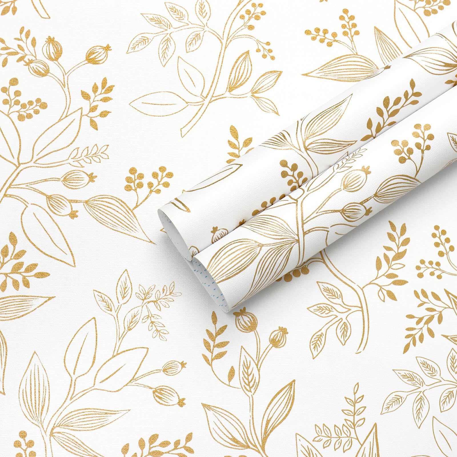 Fiula Selbstklebende Tapete Klebefolie Möbel Weiß Gold Blätter 44CM×10M Möbelfolie Selbstklebend Blumentapete Vintage Tapeten Dekorfolie Vinyl Wohnzimmer Wasserdicht Früchte Wallpaper