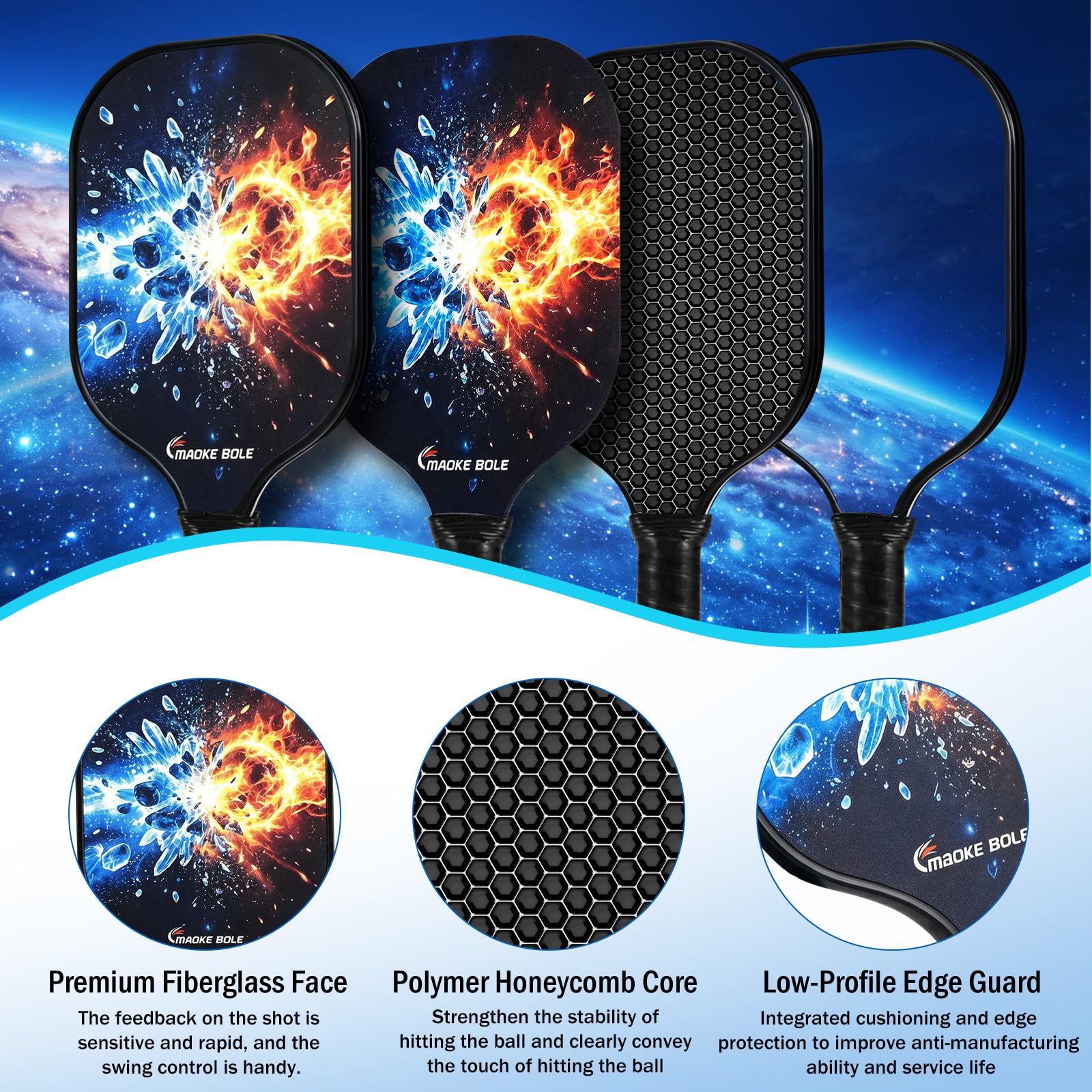 Set di 2 racchette da pickleball, in fibra di vetro, colore nero