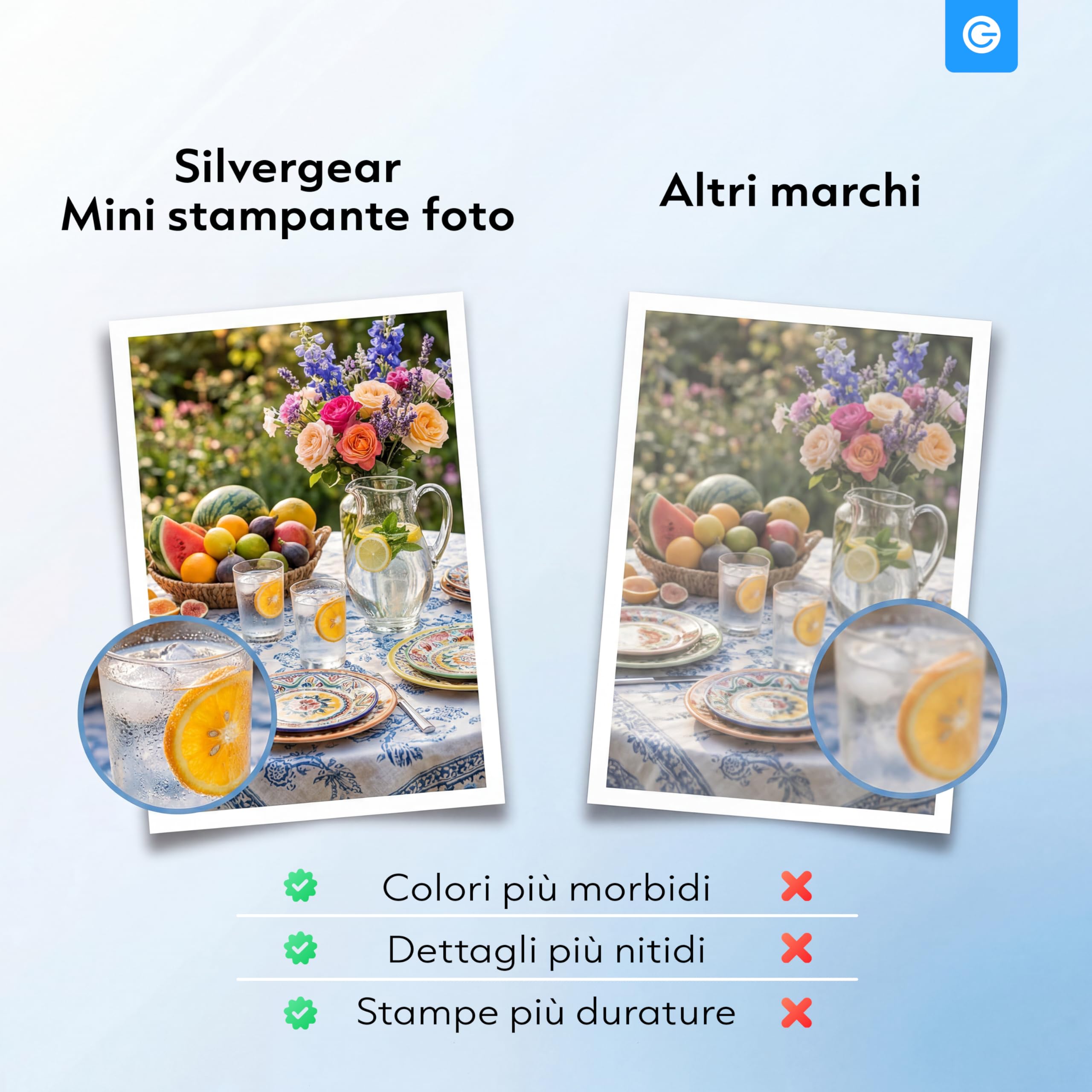 Silvergear® Stampante fotografica per smartphone, mini stampante Bluetooth con app, iOS e Android, stampante istantanea da 300 dpi, sublimazione a colori a 4 pass, matrimonio e journaling, con fogli