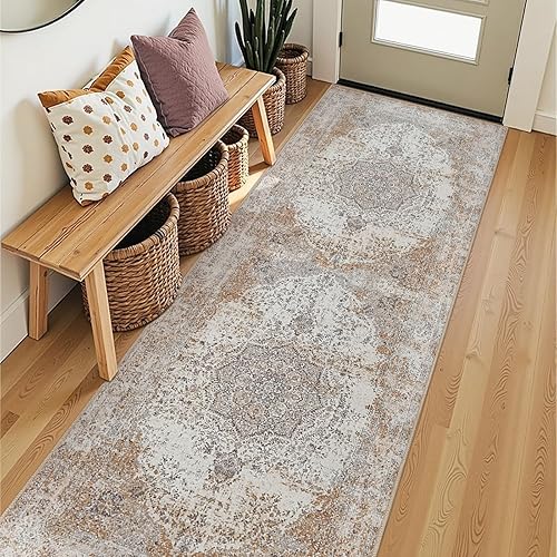 jinchan Alfombra de pasillo lavable de 3 x 8 pies, alfombra vintage color gris pardo, alfombra de entrada para interiores, alfombra delgada plegable