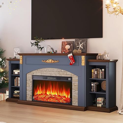 80" TV Stand with Fireplace for TVs Up to 90 Inch,30'' Fire Place Insert Heater for Living Room, Farmhouse Entertainment Center with Storage for Bedroom