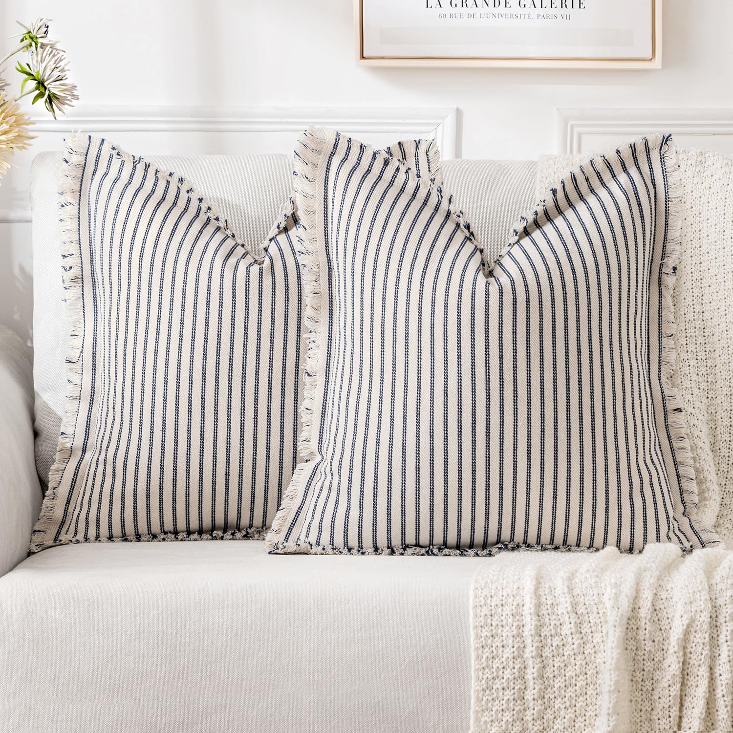 MIULEE Pack of 2 Navy Blue Pillow Covers 26x26 Inch Striped Farmhouse Couch Throw Pillow Covers with Fringe Chic Linen Decorative Cushion Eruo Sham
