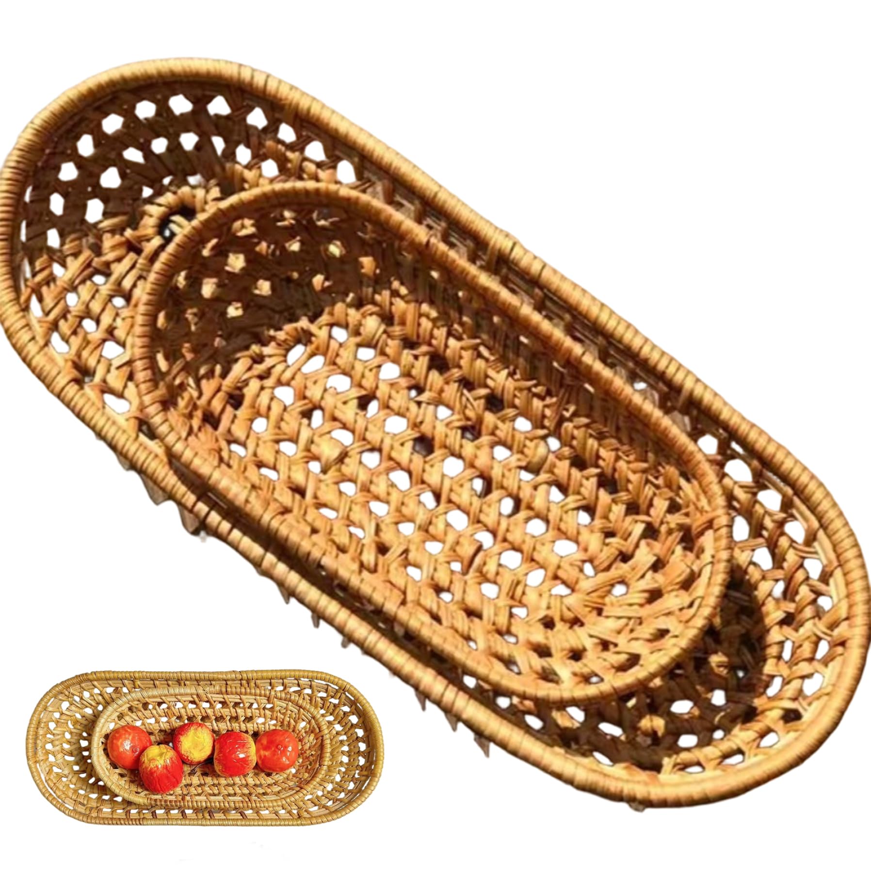 Wicker Bread Basket, 2pcs 17.5/26.5cm Oval Rattan Woven Serving Baskets, Rustic Storage Tray for Fruit Snack Flatware Baguettes