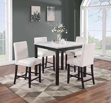 Modern 5pc Counter Height Dining Set Kitchen Dinette Faux Marble Top Table and 4X High Chairs White Faux Leather Cushions Seats Dining Room