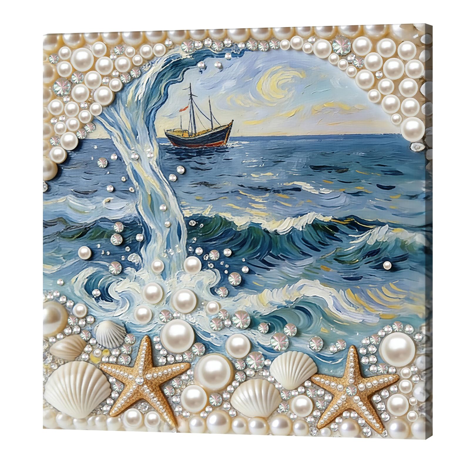 DIY Pearl Painting Kit with Wooden Frame, 3D Plastic Pearl Gemstone Ocean Art Craft for Adults Beginners, Diamond Art Kits for Adults, Home Wall Decor Ready Gift for Women(Seashell Starfish)(30*30cm)
