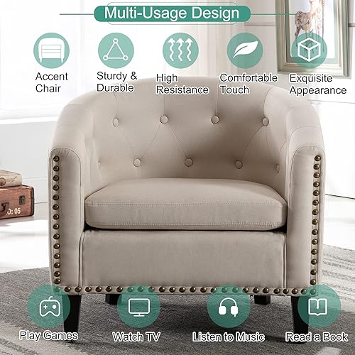 Miniatura 54 de Goujxcy Sillón de barril estilo club para sala de estar, acogedora y moderna silla de microfibra con cabeza de clavos y patas de madera maciza para