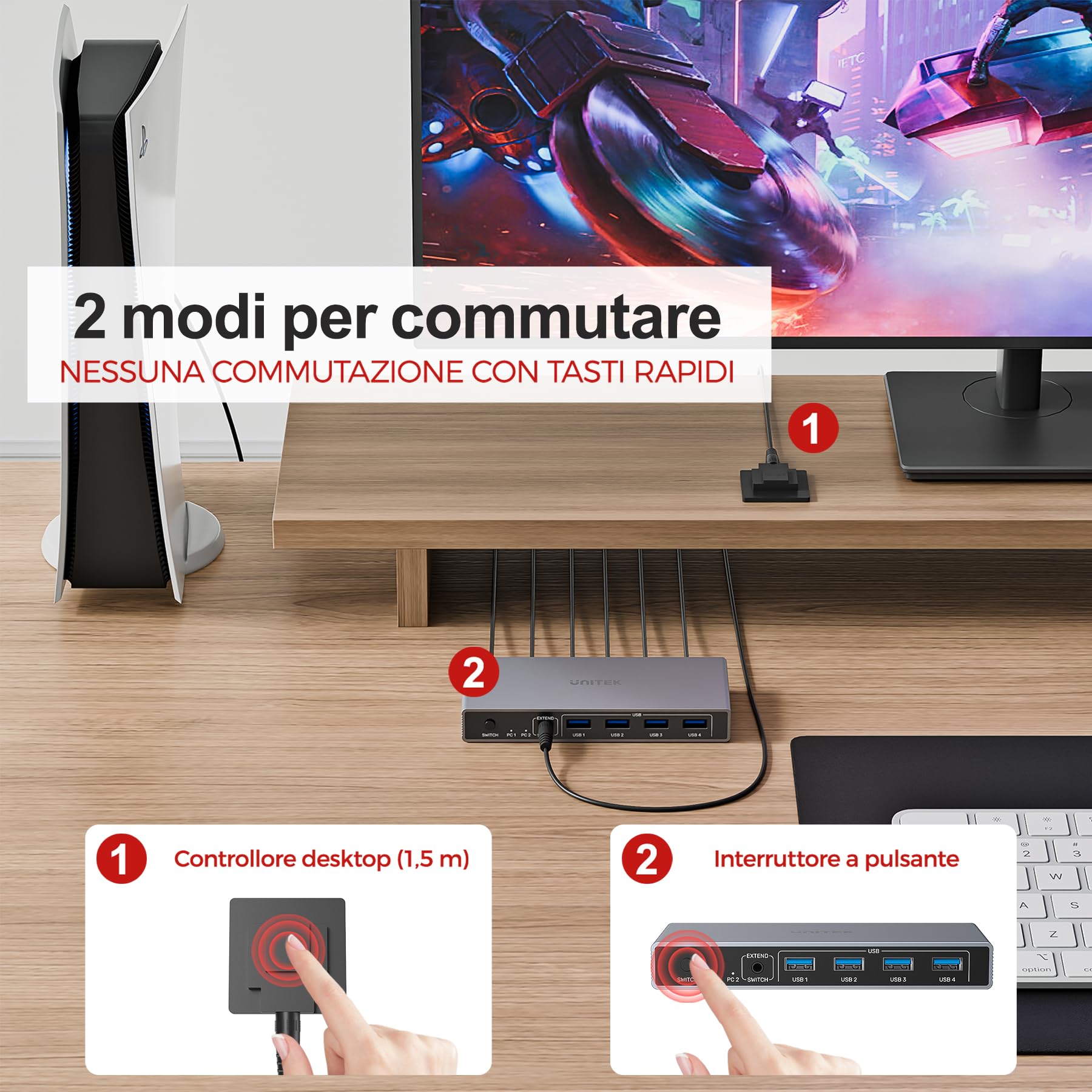 Unitek Switch KVM HDMI USB 3.0 1 monitor 2 computer 4K@60Hz Switch KVM 4 porte USB per 2 computer che condividono monitor tastiera mouse dischi rigidi 5Gbps 2 cavi Adattatore DC5V e controller desktop
