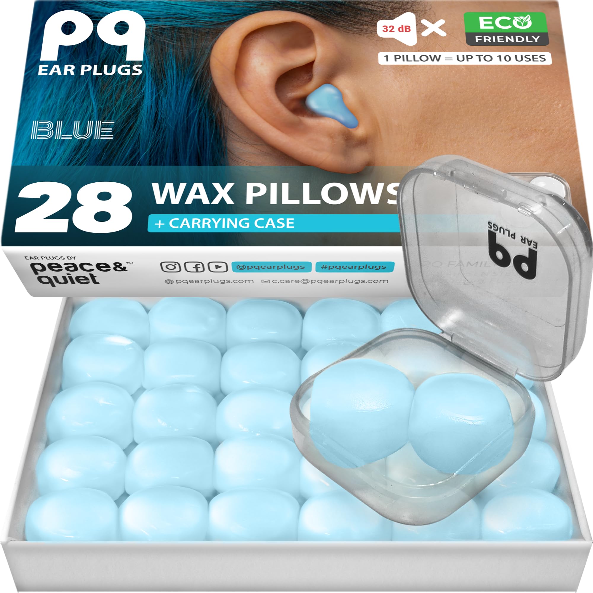 PQ Wax Ear Plugs for Sleeping - 28 Silicone Wax Earplugs for Sleeping and Swimming, Gel Ear Plugs for Noise Cancelling, Sleeping Earplugs, Sound Blocking Level of 32 Db (28 Pillows), Color: Blue