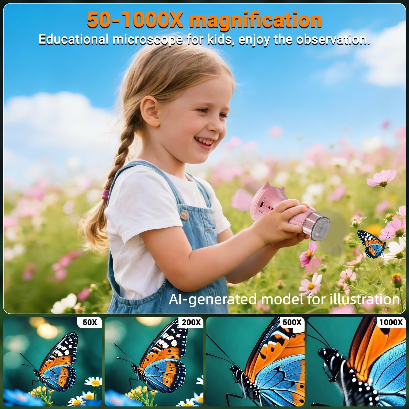 Microscopio per bambini, 1000x, portatile, con schermo da 2,4", digitale, portatile, regalo di Natale e compleanno per bambini dai 3 anni in su (rosa)