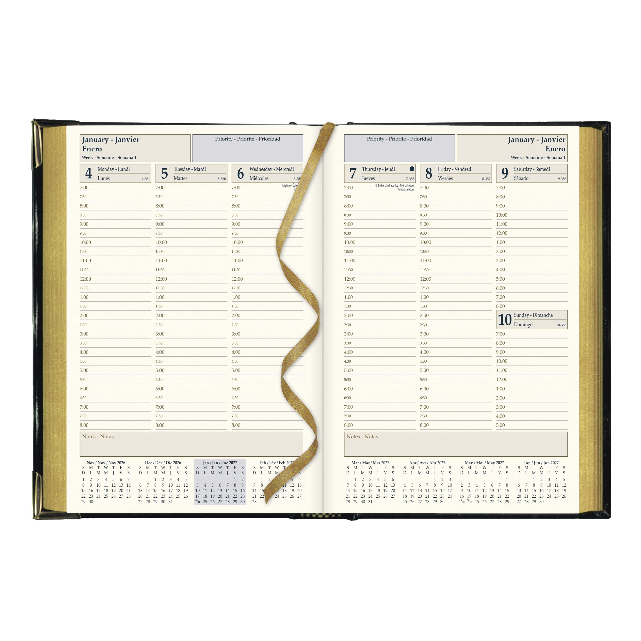 Brownline® 2027 Executive Wochenplaner Terminkalender Terminkalender 12 Monate Januar bis Dezember genähte Bindung 20,8 x 14,3 cm schwarz dreisprachig (CBE507)