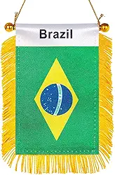WXTWK Bandeira do Brasil de 7,6 x 12,7 cm Bandeira do Brasil para pendurar na janela do Brasil, pequenas bandeiras de carro, bandeiras, espelhos retrovisores, decoração com ventosa, faixa dourada com