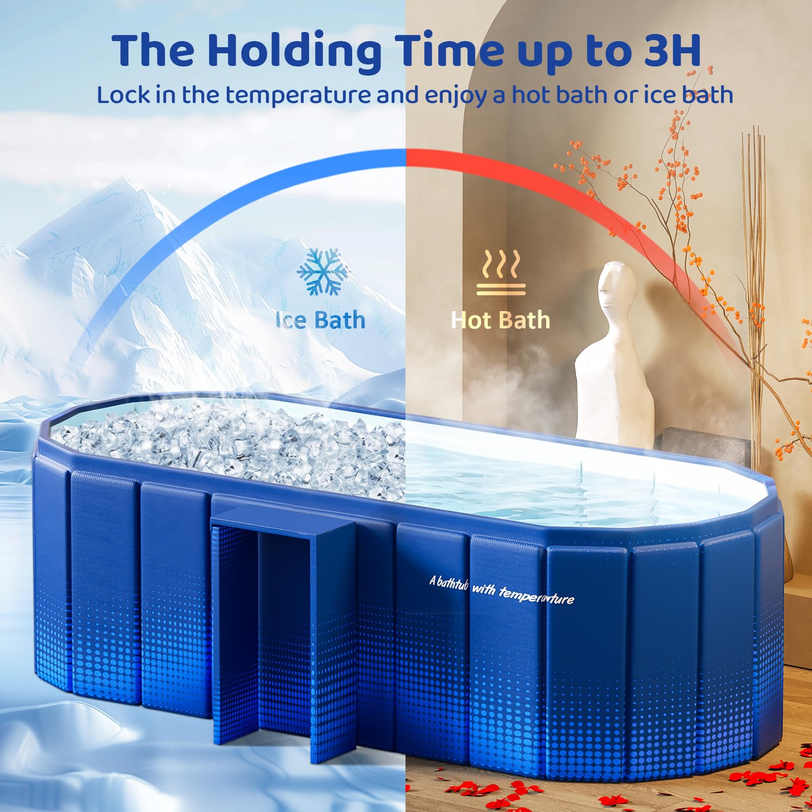 Bañera plegable portátil, bañera independiente sin instalación, bañera de baño de spa, ducha plegable para baño caliente y hielo (azul con estante de almacenamiento, 59 pulgadas de largo x