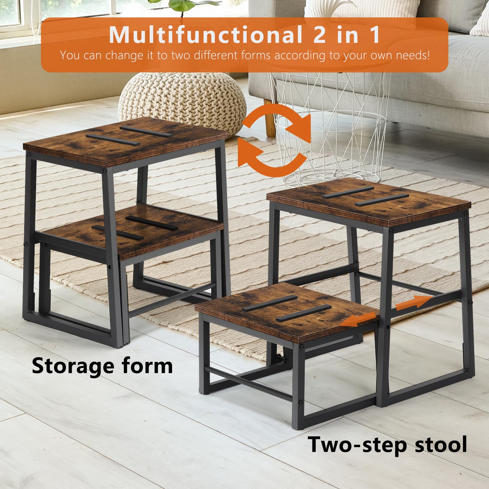LIANTRAL Sgabello 2 in 1 per adulti e bambini, robusta struttura in metallo, supporto fino a 158,8 kg, sgabello alto, per casa, ufficio, camper, marrone rustico