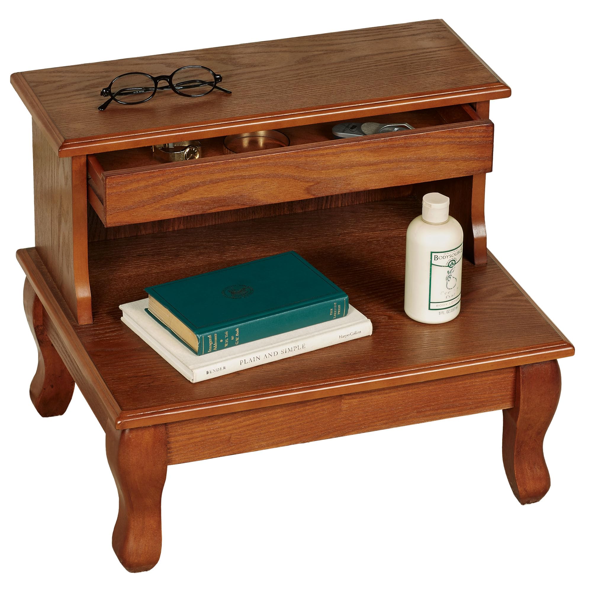 Touch of Class Cessilee Wooden Bed Steps with Storage 16 Inches High - Windsor Oak - Traditional Style - Hidden Storage Drawer - Wood Bedside Step