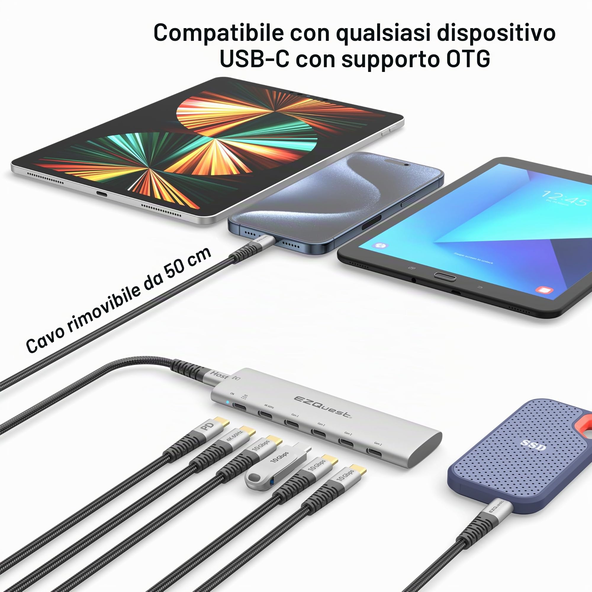 Adattatore Hub USB-C Slim Gen 2 6-in-1 1 USB-C 4K/60Hz Video, 4 USB-C Gen 2 10Gbps, e 1 USB-C Power Delivery 3.0