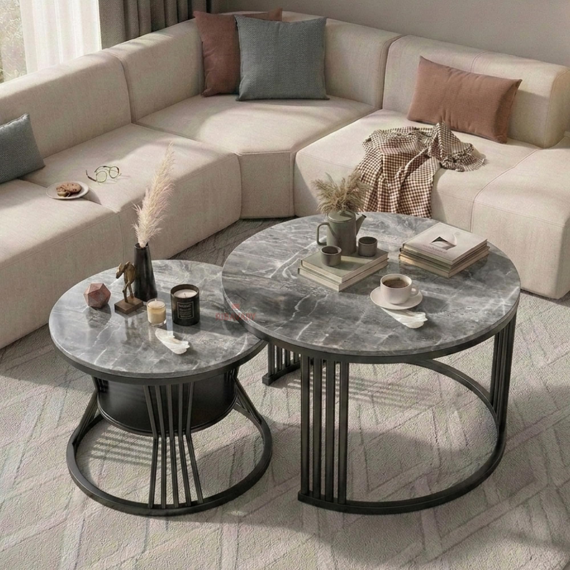 Marble Laminated Nesting Table Set of 2 – Round Coffee Table with Engineered Wood Top, Metal Frame Side Tables for Living Room (Black-Grey)-image-9