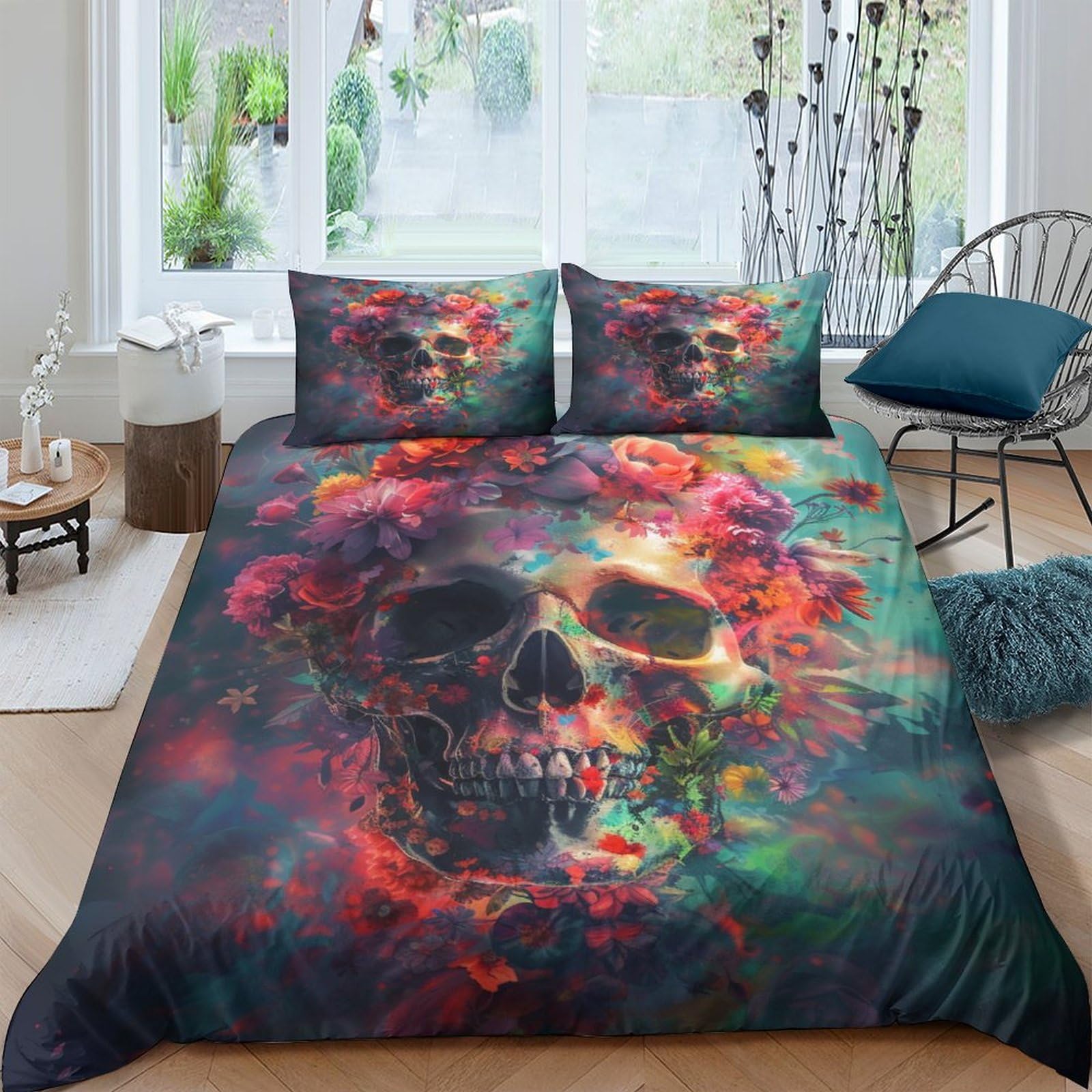 NRAOPEVVD Skull Duvet Cover Sets 3 PCS Hotel Quality Quilt Cover Bedding Set Bed Covers with Pillowcases with Zipper Closure Ultra Soft Anti Allergic Microfiber Double（200x200cm）