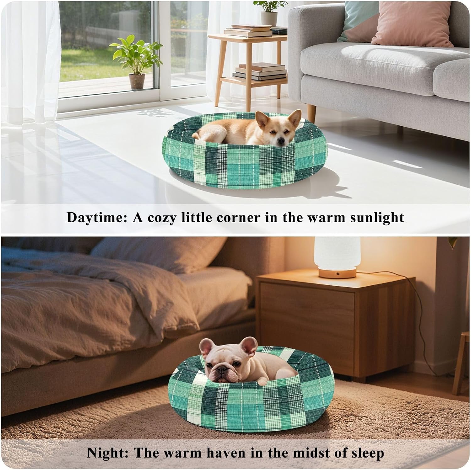 Herringbone Checked Turquoise Green Pet Dog Bed Removable & Washable Dog Pillow Bed for Extra Small Size Pets Sleeping S