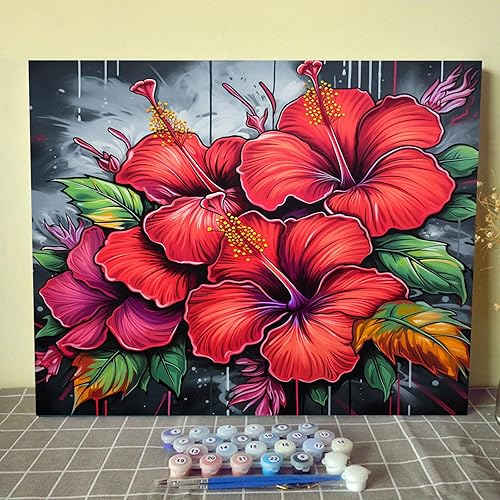 Miniatura 1 de Pintura al óleo de flores de hibisco, pintura por números, 16 x 20 pulgadas, arte callejero de graffiti, arte callejero, pintura acrílica floral