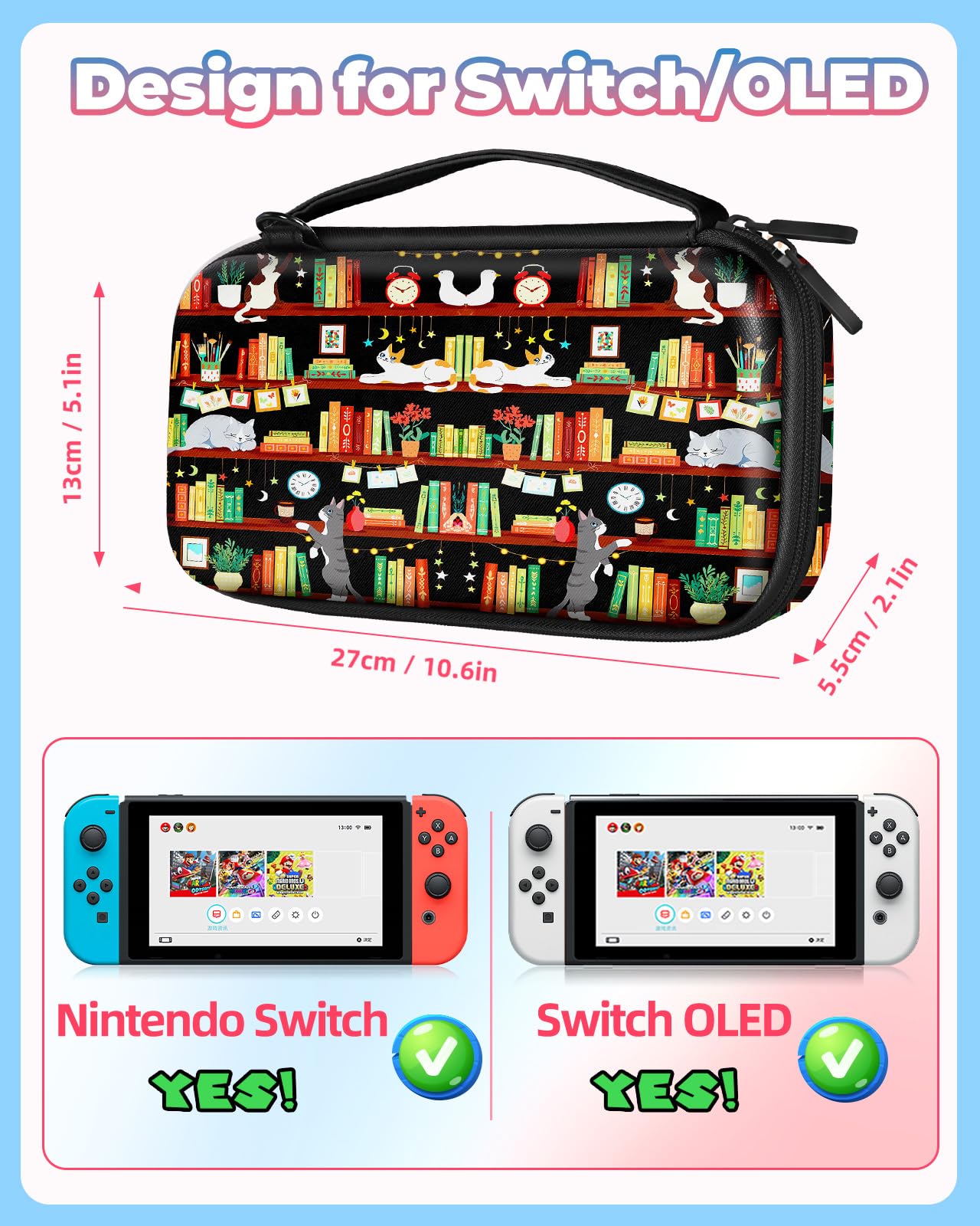 Funda de transporte para Nintendo Switch/Switch OLED, funda de transporte de viaje, funda protectora rígida, estantería para libros, gatos, niñas, niños, accesorios, bolsa de almacenamiento