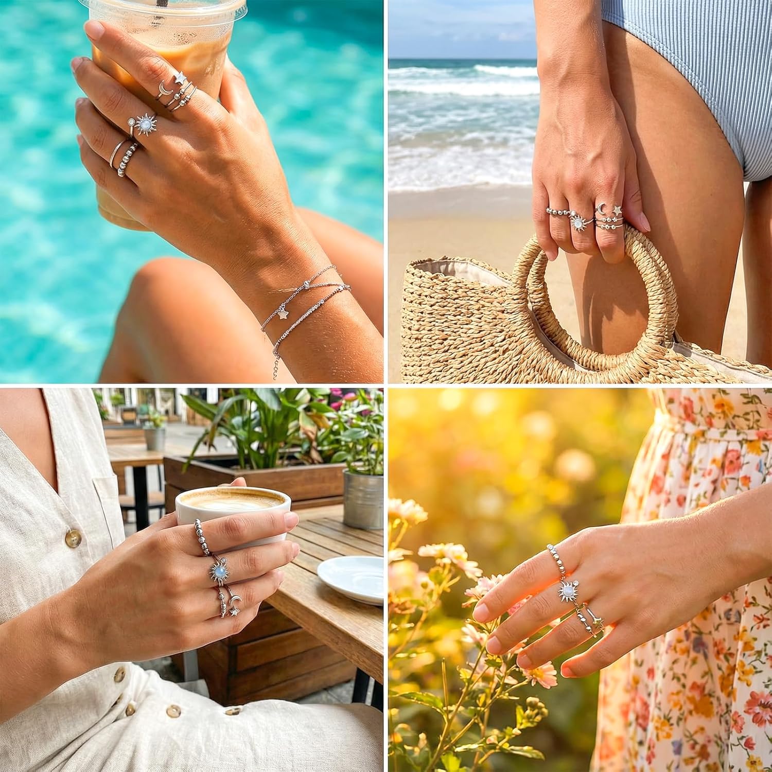 Sibba Fidget Rings for Women 4 PCS Adjustable Spin Fidget Rings for Stress Relief ADHD Anxiety & Focus Rotating Sun Moon Star Beads Silver Sensory Ring Adult Fidgets Toys for Anxiety Relief