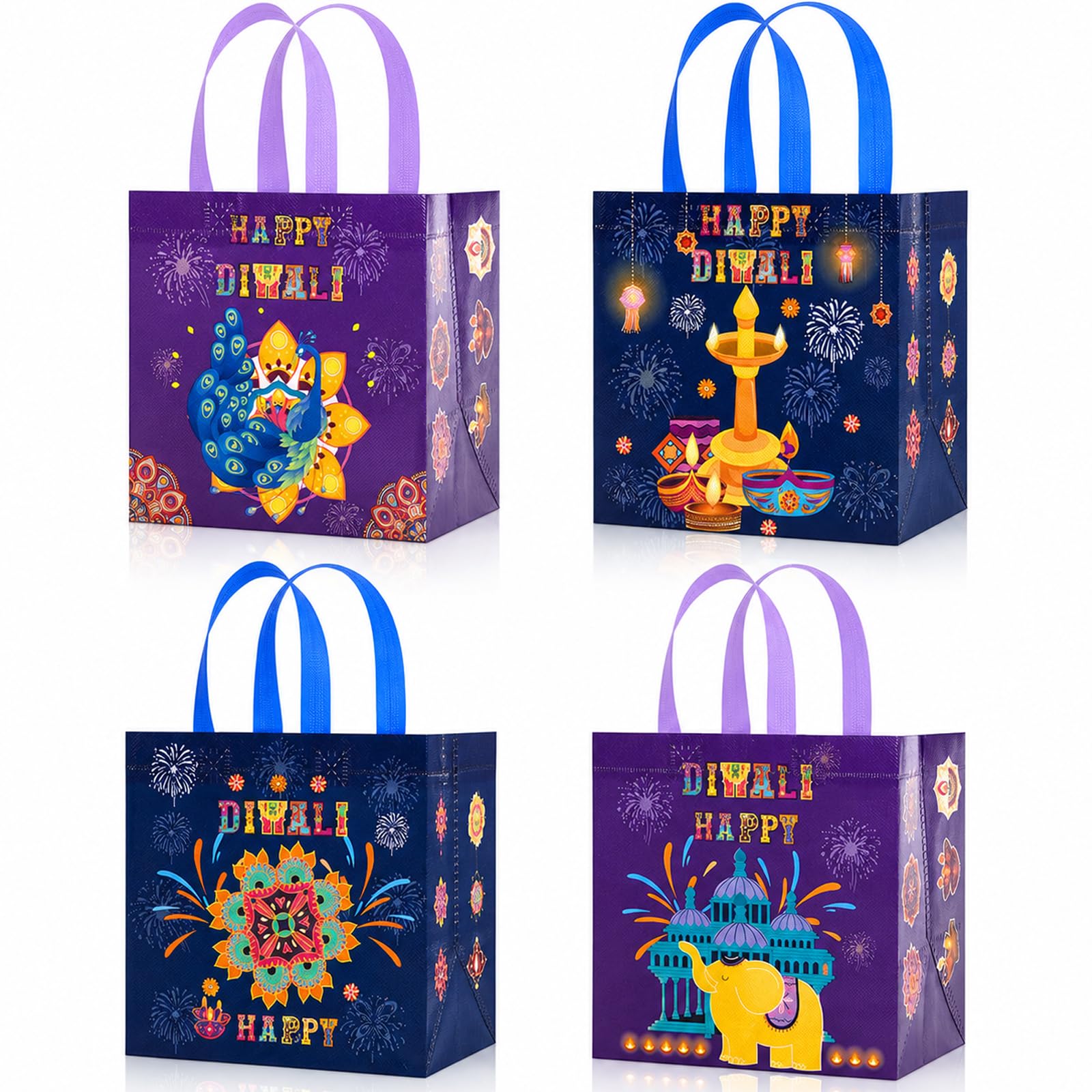 12 Pcs Happy Diwali Gift Bags, Diwali Decorations, 4 Style With Handle Deepavali Reusable Gift Bags With Rangoli, Elephants, Lights, Peacocks For Indian Deepavali Themed Friends Party Festival Decor