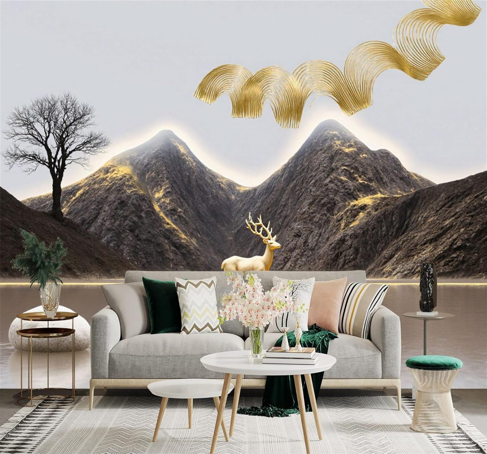 XLMING Minimalist Golden Deer Mountains Lakes Trees 3D Wallpaper Silky Texture Home Study Office Grey Dining Room Sofa Bedroom Living Room TV Backdrop-200cm×140cm