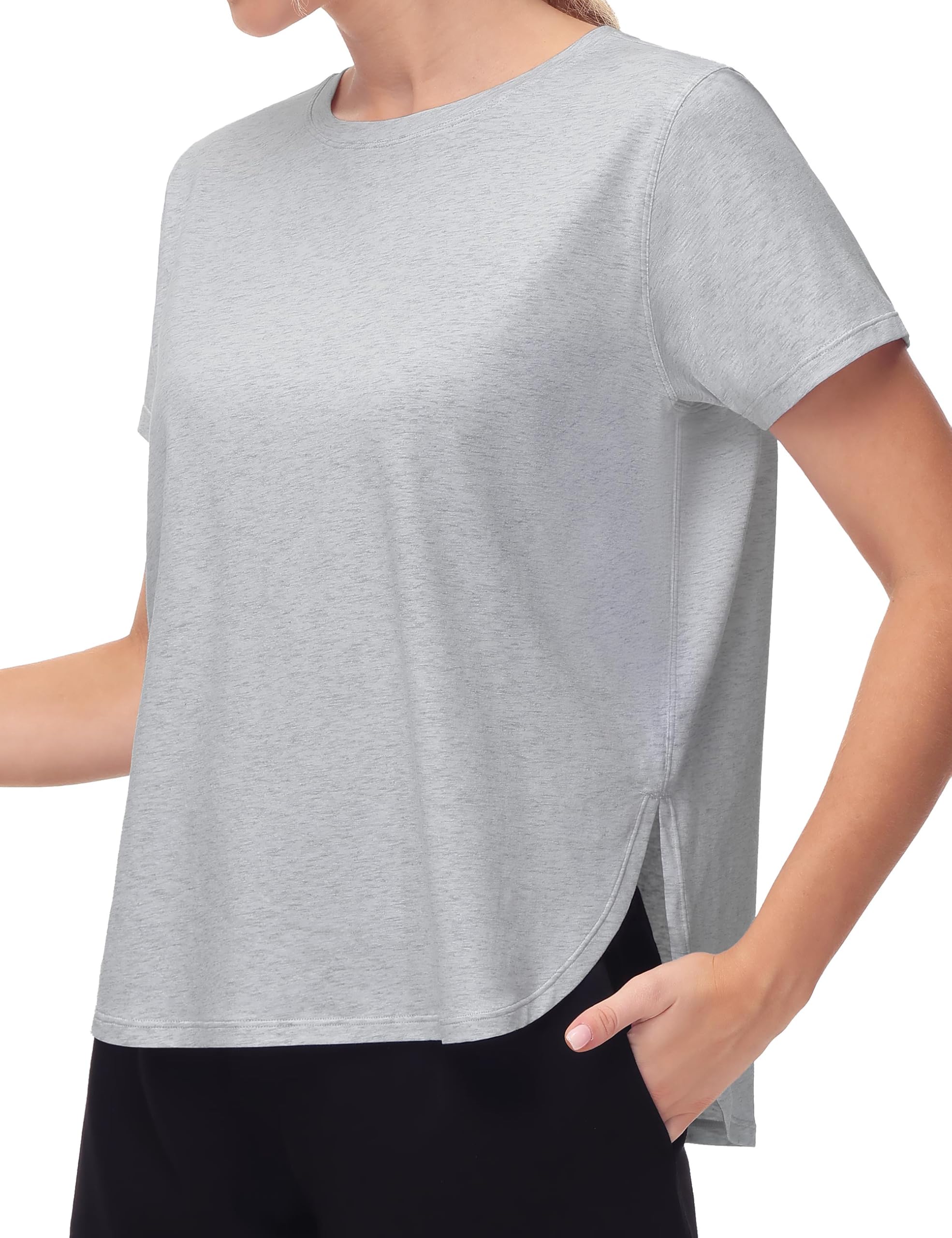 Women's Workout T-Shirts Loose Fit Short Sleeve Cotton Running Basic Tee Tops with Split Hem