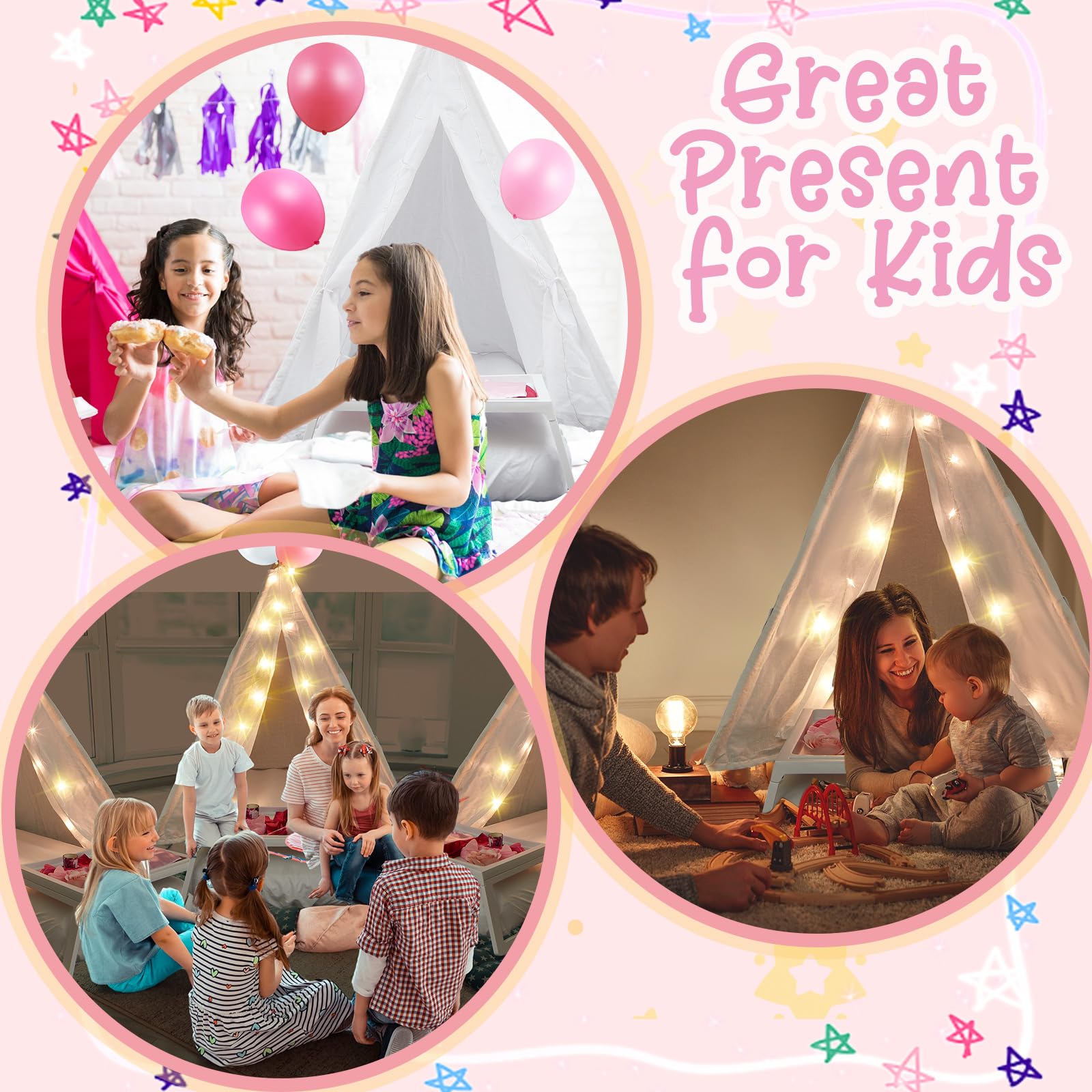 Paquete de 8 tiendas de campaña para fiestas de niñas, tipi para fiestas de pijamas infantiles, a granel con cuerda de luz, colchón de aire, sábana bajera, algodón natural lavable, tipi para 7