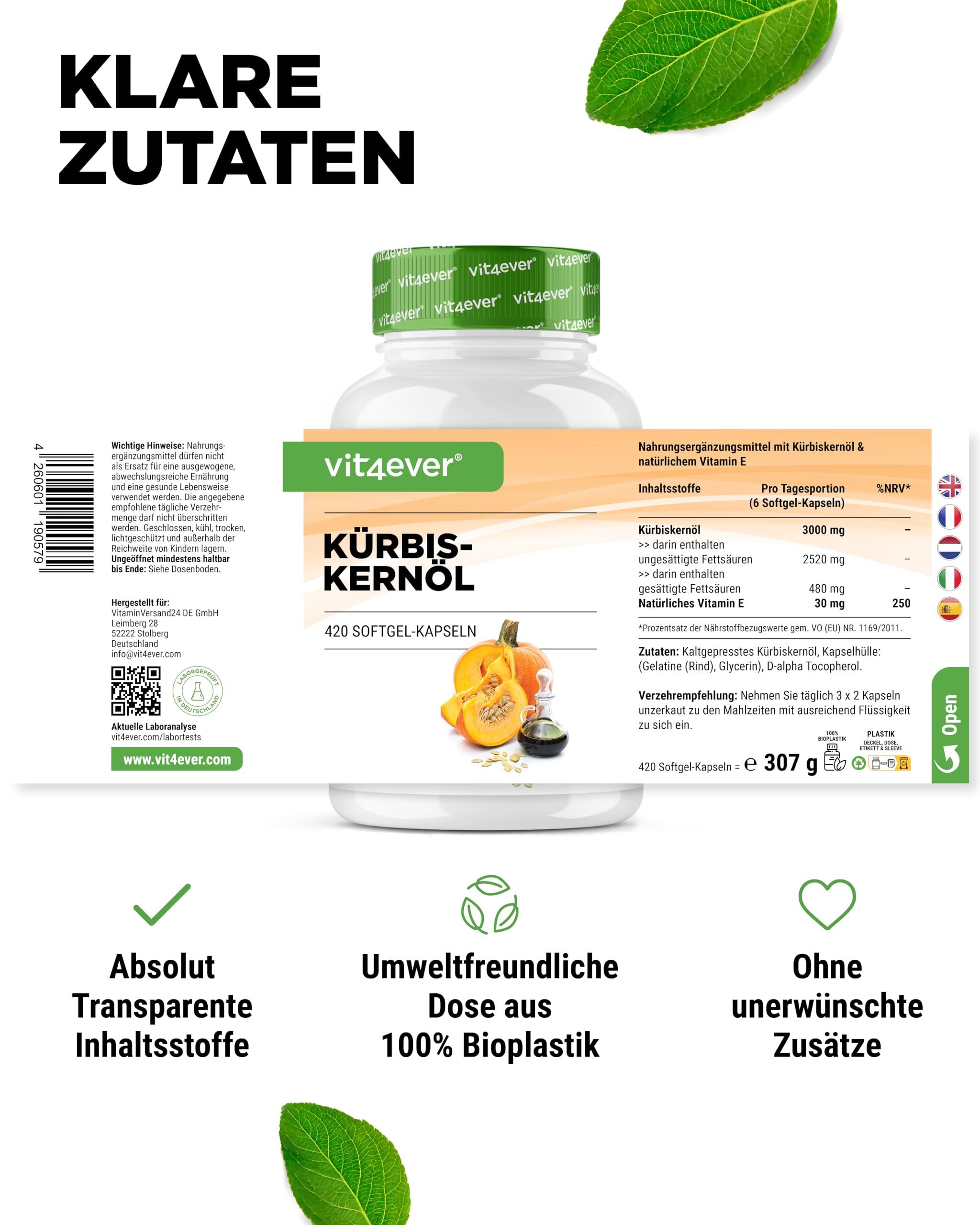 vit4ever Kürbiskernöl - 420 Kapseln - 3000 mg pro Tagesportion - Mit natürlichem Vitamin E - Hochdosiert - Naturbelassen & kaltgepresst - Laborgeprüft