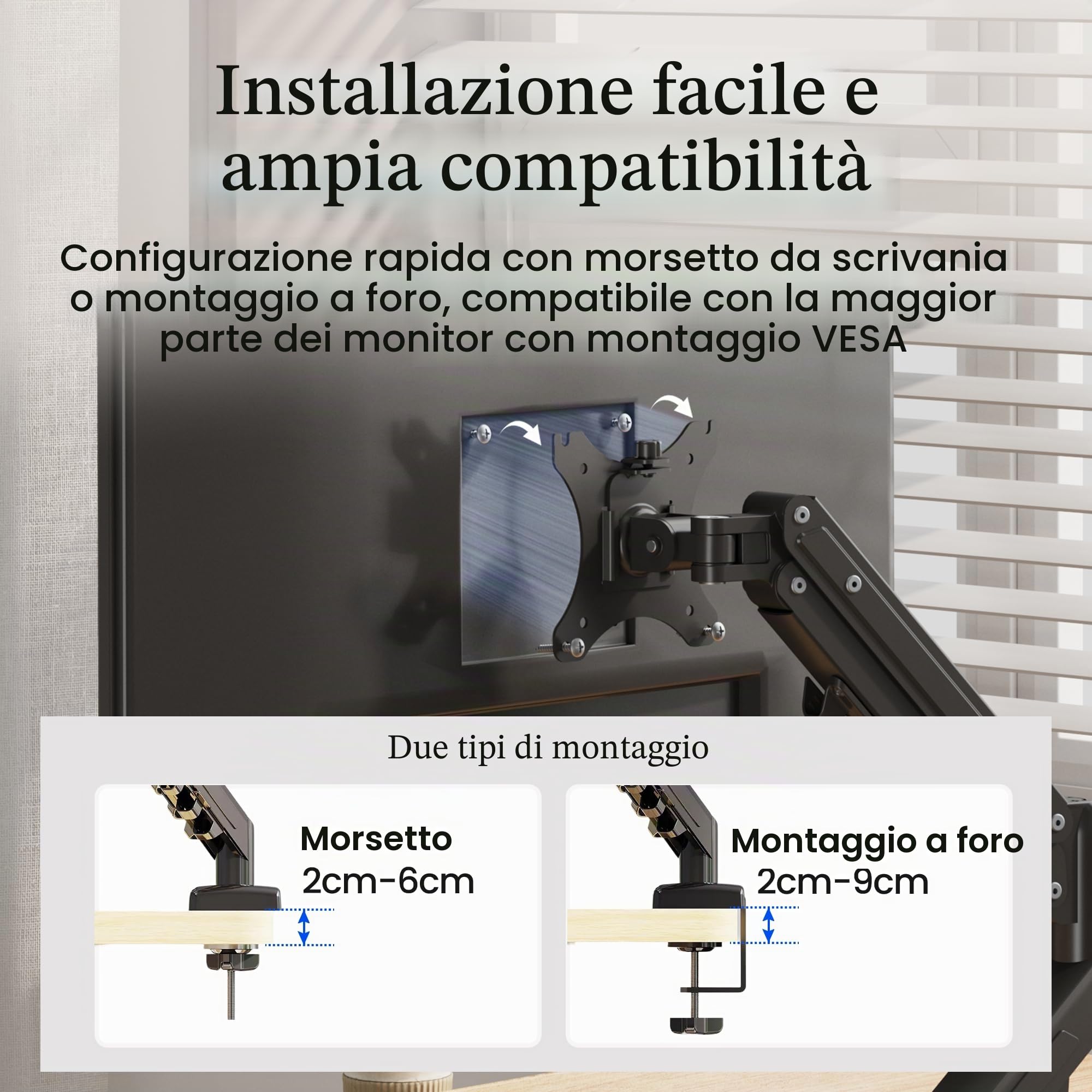 FLEXISPOT Supporto Monitor 17–32", Braccio a Gas Regolabile in Altezza e Orientabile, per 1 Monitor, Compatibile VESA 75x75/100x100, Fissaggio con Morsetto o Foro Passacavo