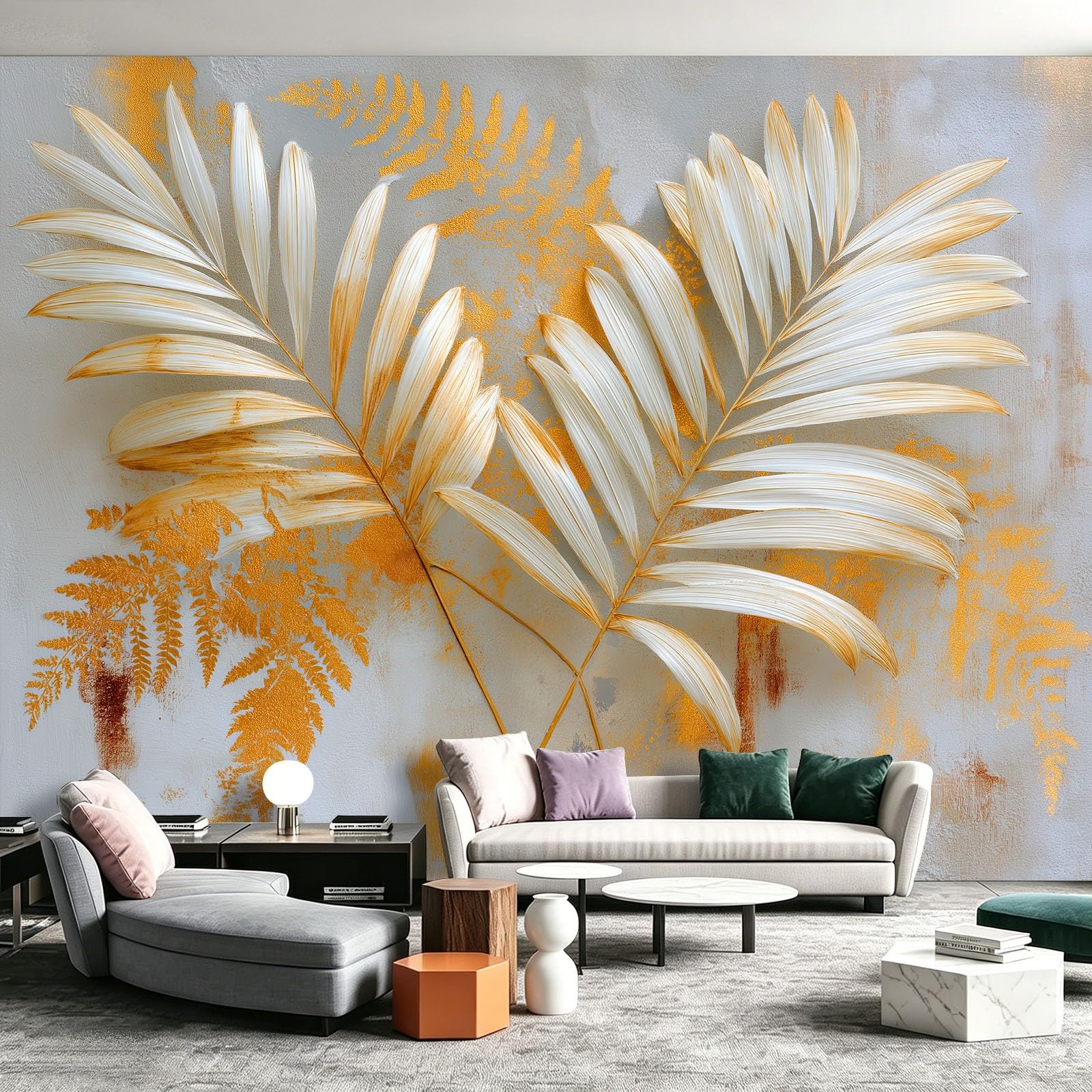 Nowoczesna minimalistyczna fototapeta, botaniczna folia z liści palmowych, złota folia, tapeta z włókniny, 350 x 256 cm, tapeta ścienna 3D, tapeta ścienna do salonu, kuchni, sypialni i pokoju