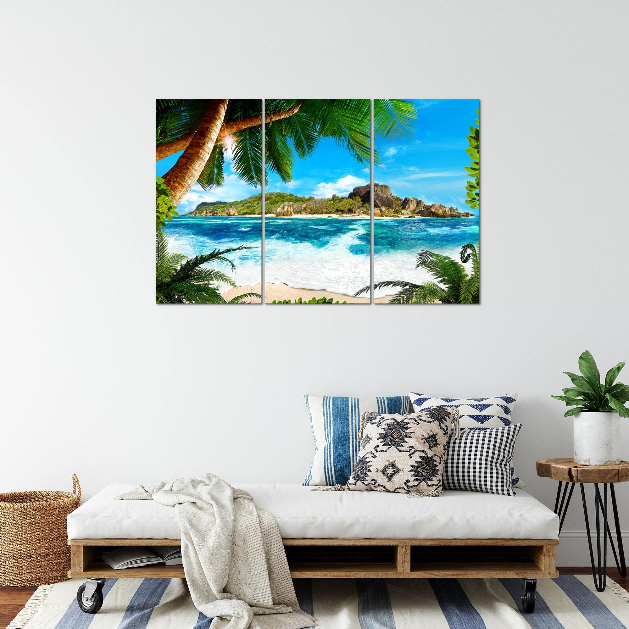 Runa Art Zonsondergang Palmbomen Schilderijen Huiskamer XXL Blauw Panorama Zee 120 x 80 cm 3 Delen Muur Decoratie 601131b