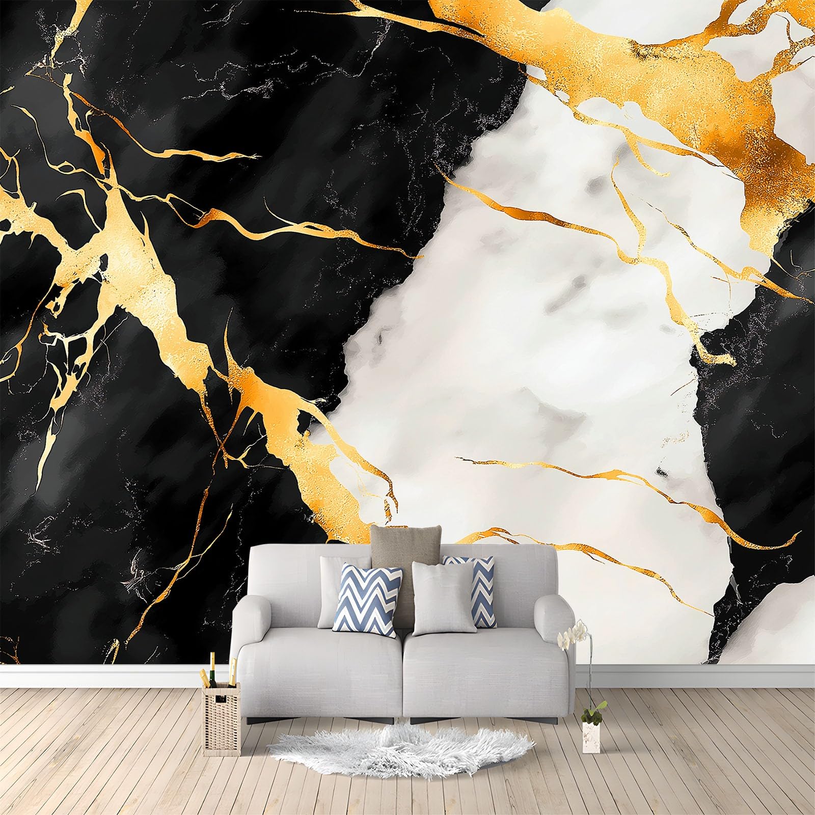 Générique 350 x 256 cm Panoramiczna tapeta tekstura marmurkowy wzór złoty liść 3D Mural Design, dekoracja ścienna do zdjęć, tapety z włókniny dekoracja ścienna salon sypialnia, czarna