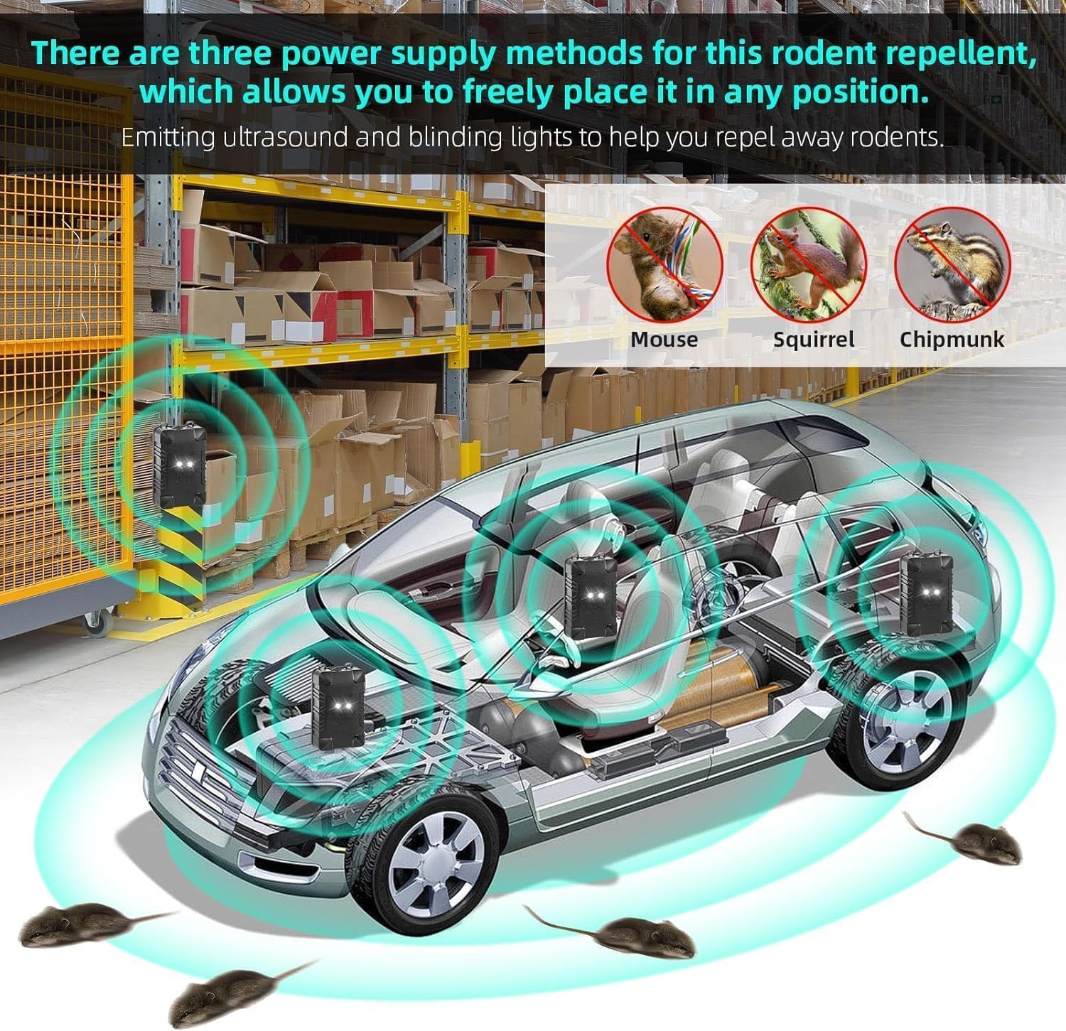 Jahy2Tech Deterrente per roditori sotto il cofano con luce stroboscopica e 3 metodi di alimentazione, repellente professionale a ultrasuoni per topi e scoiattoli, deterrente per auto, camion, camper,