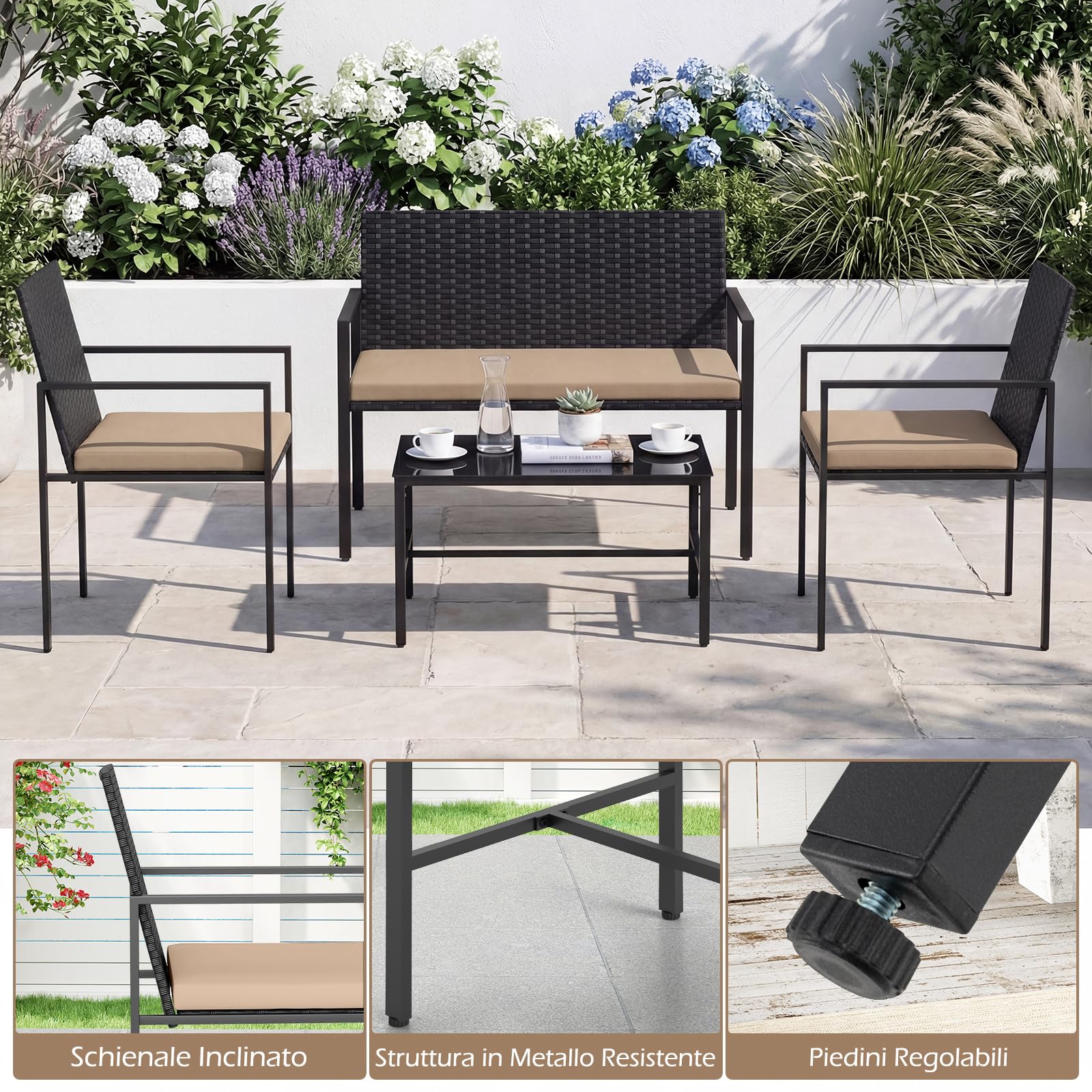 COSTWAY Set di Salotto da Giardino a 4 Pezzi, Poltrone e Divano per Esterno in Rattan con Tavolino da Caffè in Vetro Temperato e Cuscini Morbidi, Set di Conversazione per Cortile e Balcone (Giallo)