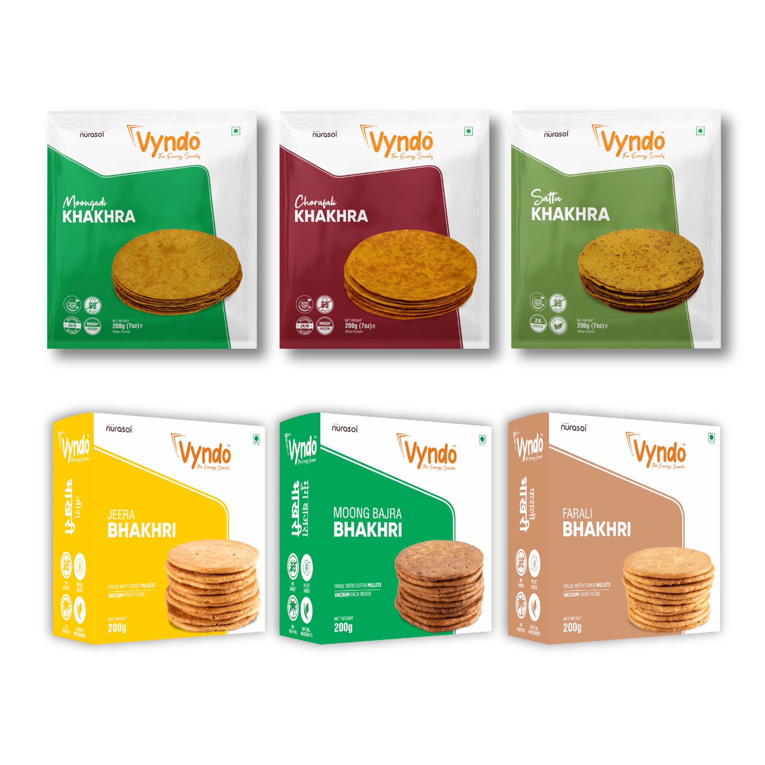 Vyndo Protein-Rich Khakhra & Bhakhri Combo – Moongdi, Sattu, Chorafali Khakhra (200g) & Moong Bajra, Jeera, Farali Bhakhri (180g) | Gluten-Free, No Palm Oil, Healthy Millet Snacks for Kids & Adults | Crunchy Tea-Time Snack.