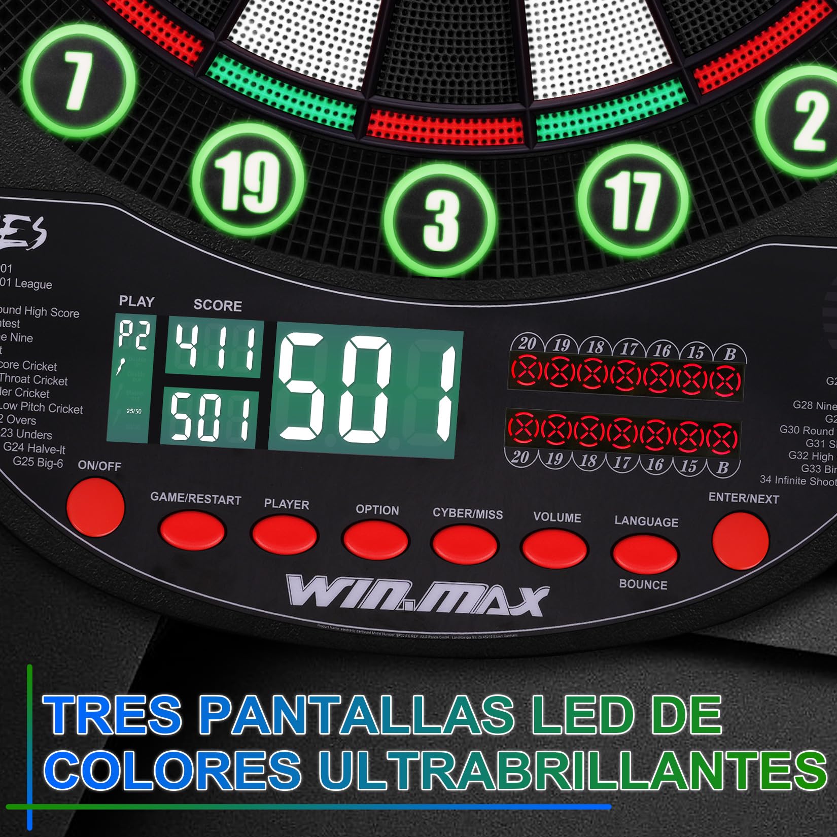 WIN.MAX Juego de Diana Electrónica Profesional 34 Juegos 354 Variantes 3 Idiomas Verde Rojo con Luces