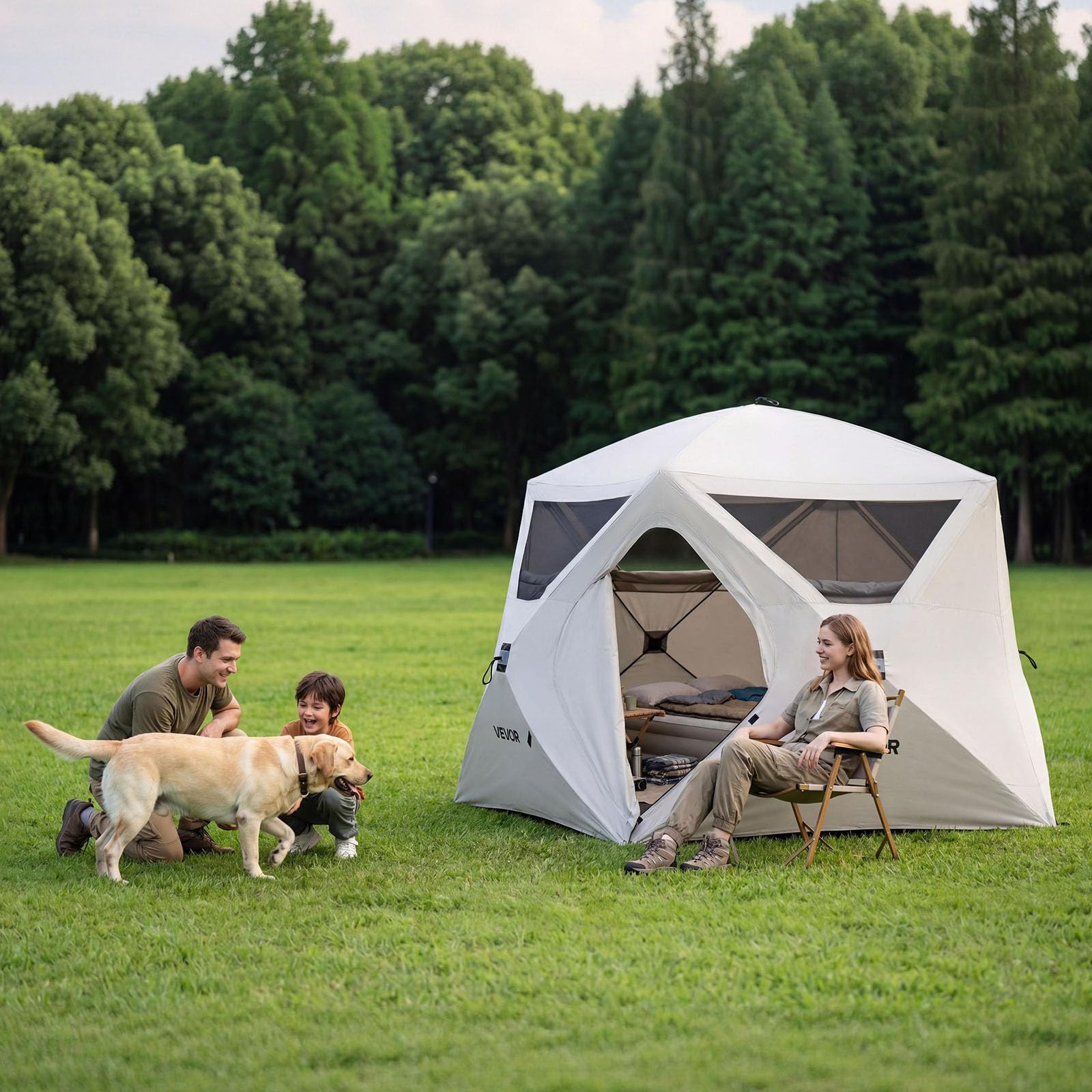 VEVOR Campingzelt 4-Personen, Pop-Up-Zelt mit Netzfenstern, Familienzelt Schneller Aufbau in 60 Sekunden, Tragbares Cabin Hub Zelt mit Tragetasche für Familien-Camping & Wandern, 229x229x212 cm