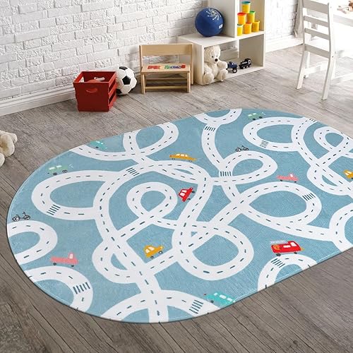 Alfombra grande para sala de juegos para niños, alfombra de carretera lavable de 4 x 6 pies para guardería, alfombra de área divertida