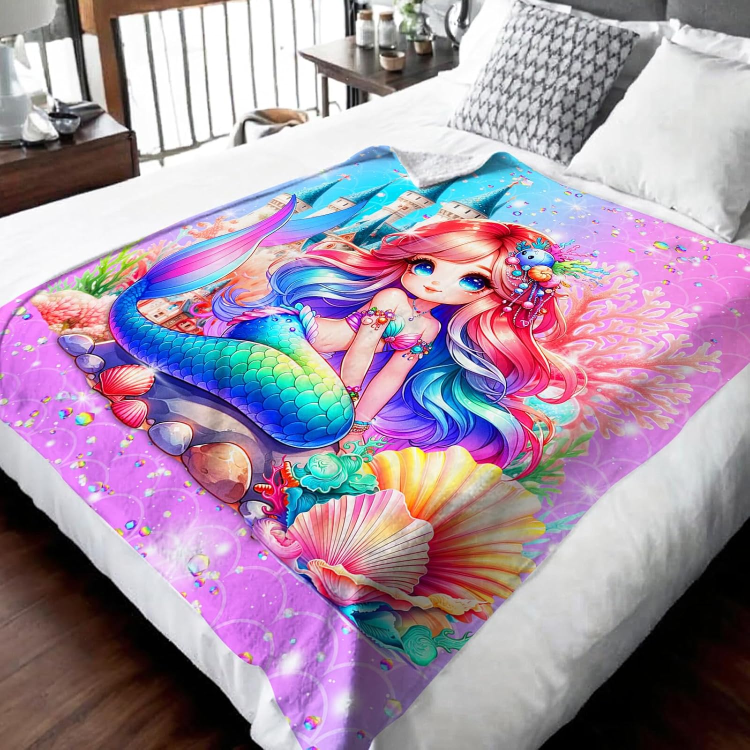 Girls Mermaid Blanket Gift, Throw for Kids Teens Adults 50x60 Inches Lightweight Cozy Pink Cute Mermaid Throw Blankets for Sofa Couch Bed Trip Car - Image 3