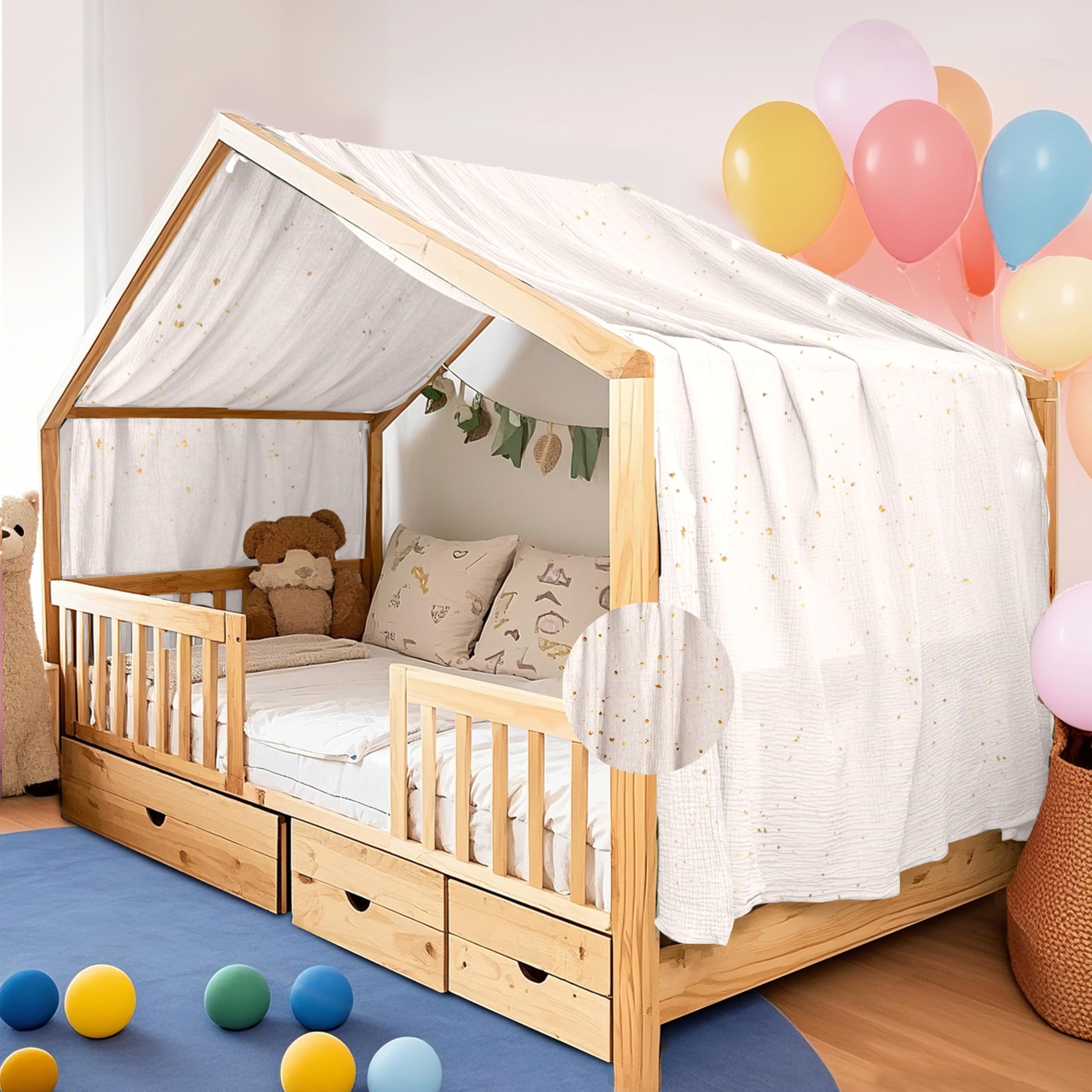 Home Housse de Couette avec Applique Dorée, Fait à la Main en 100% Mousseline de Coton, Ciel en Tissu pour Décoration de Lit Maison, Convient aux Filles Et Garçons (Blanc, 132x420cm)