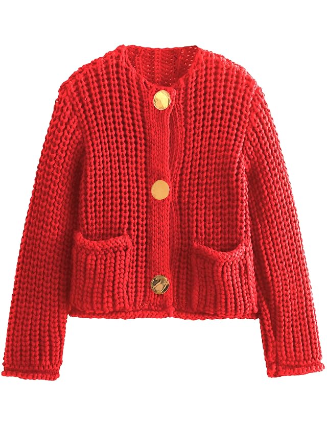 Womens Fall Chunky Knit Cardigan Gold Button Down Long Sleeve Crop Crochet Sweater