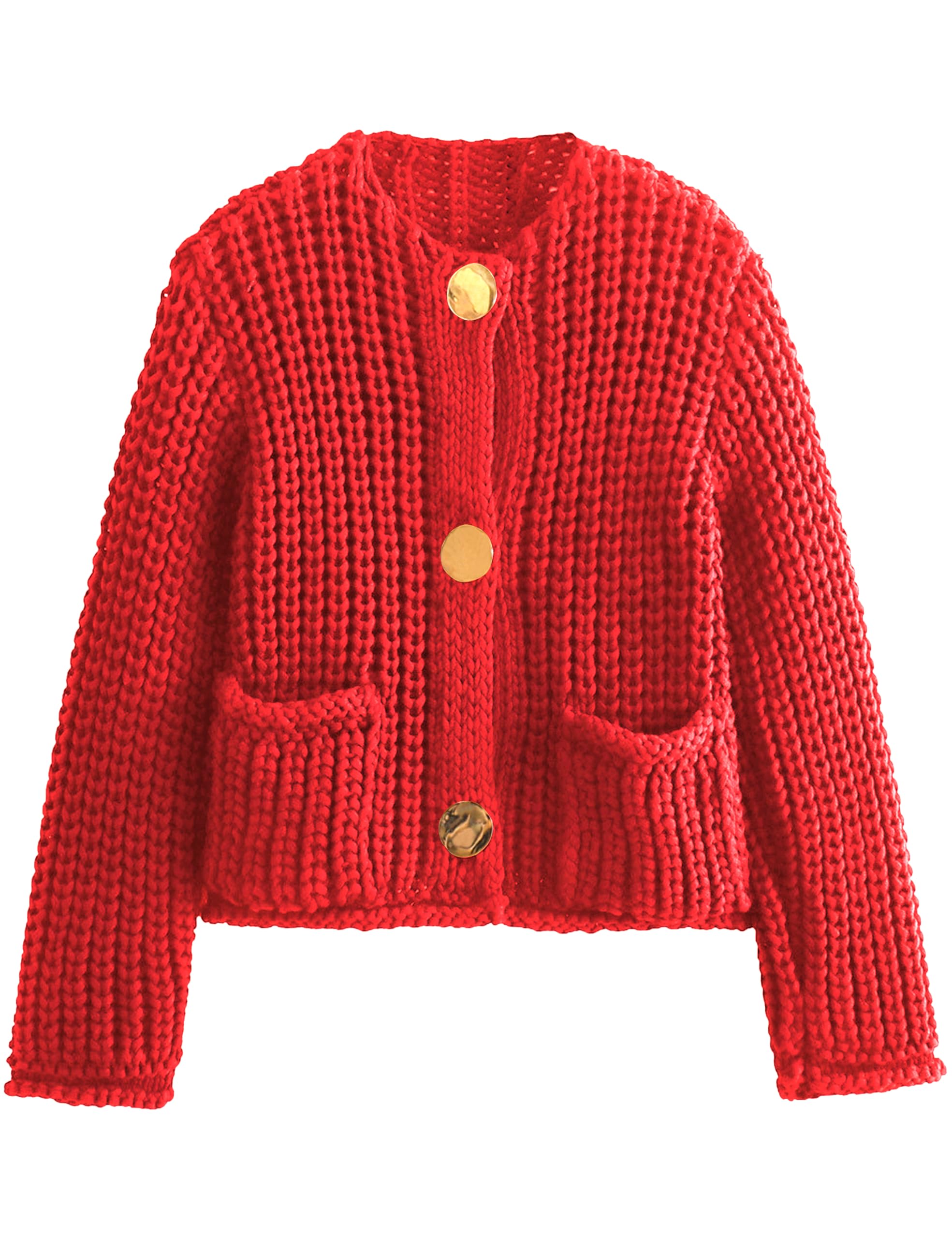 Womens Fall Chunky Knit Cardigan Gold Button Down Long Sleeve Crop Crochet Sweater