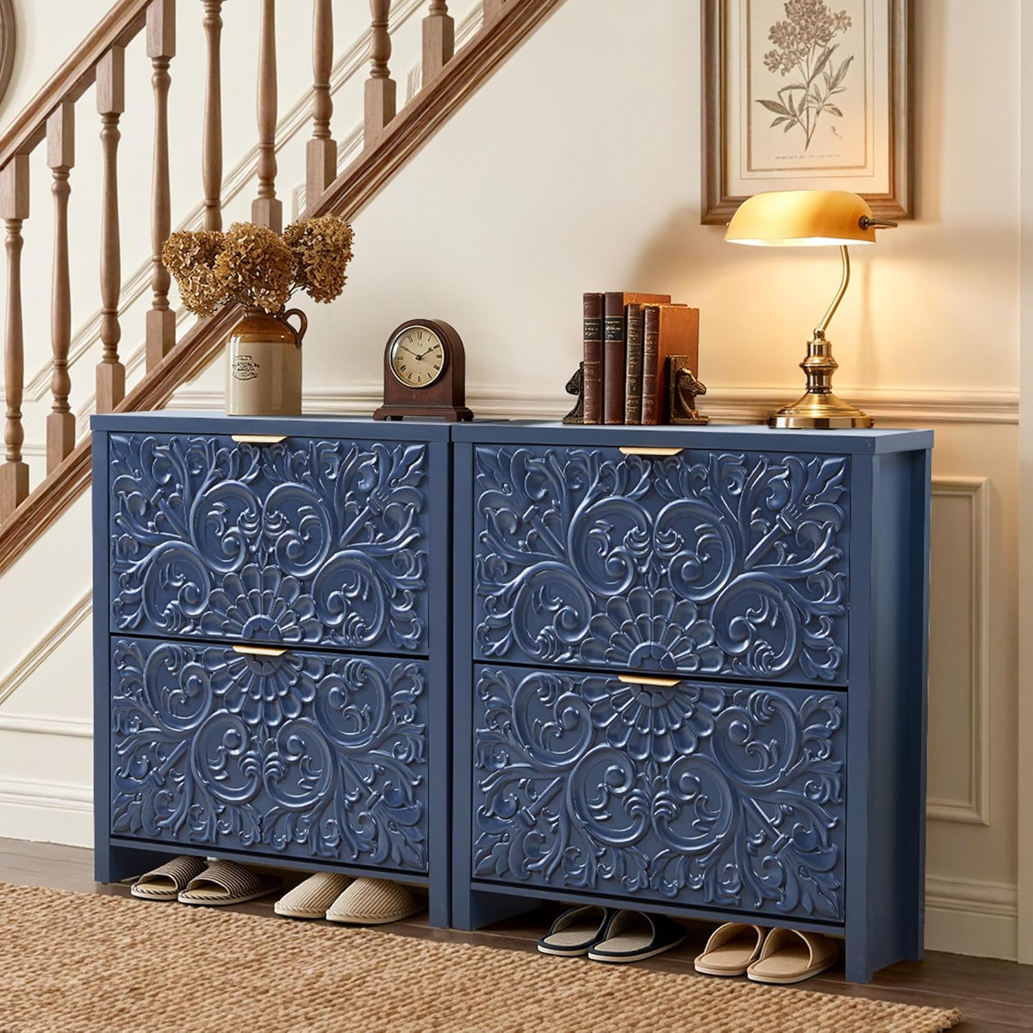 Shoe Cabinet with Flip Drawers, Narrow Shoe Storage Cabinet, 2-Tier Hidden Shoe Organizer with Carved Floral for Entryway, Mid-Century Modern Slim Shoes Storage for Hallway Foyer (1, Midnight Blue)