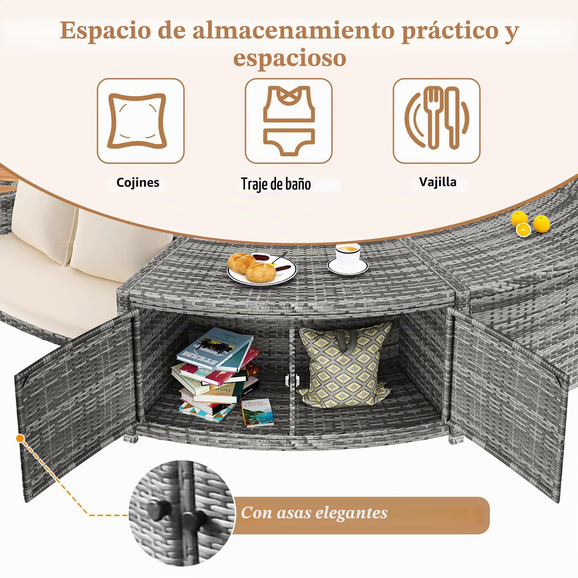 Set de salón de jardín Shye con sofá redondo, juego de muebles de jardín, set de salón, para jacuzzi y piscina, con patas ajustables, incluye cojines, muebles para terraza, jardín o área de piscina