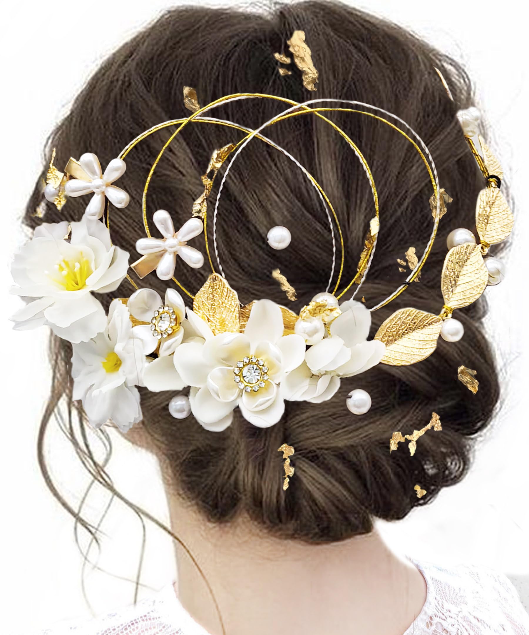 Amazon.co.jp: 【Baramoly】髪飾り 結婚式 パール 成人式 金箔 振袖 前  